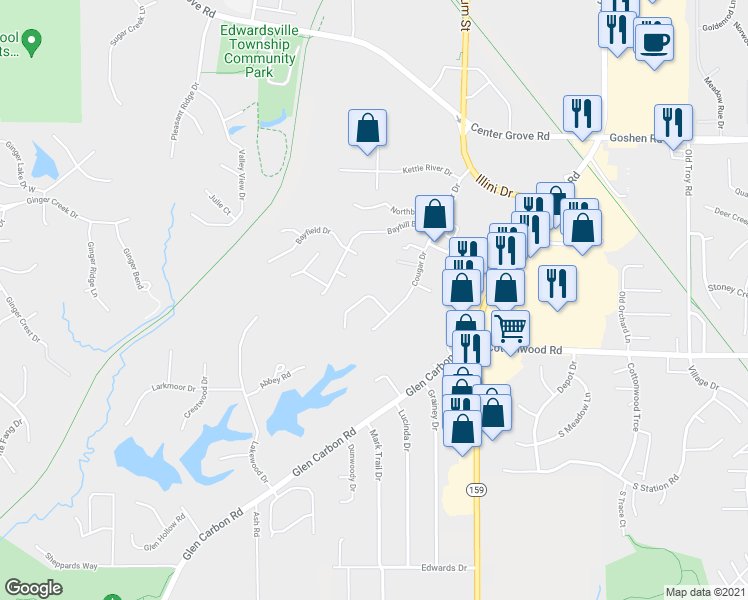 map of restaurants, bars, coffee shops, grocery stores, and more near 19 Fox Meadow Lane in Glen Carbon