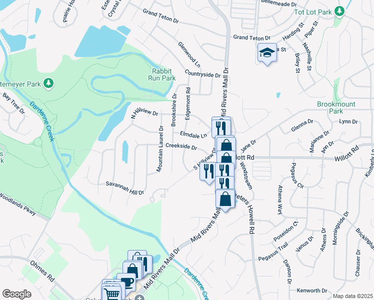 map of restaurants, bars, coffee shops, grocery stores, and more near 21 Creekside Drive in St. Peters