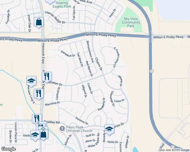 map of restaurants, bars, coffee shops, grocery stores, and more near 5130 Barnstormers Avenue in Colorado Springs