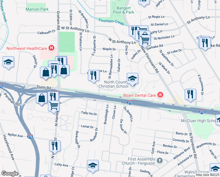 map of restaurants, bars, coffee shops, grocery stores, and more near 1430 Saint Bernadette Lane in Florissant