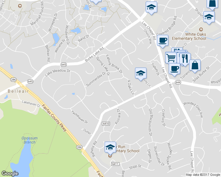 map of restaurants, bars, coffee shops, grocery stores, and more near 6410 Spring Lake Drive in Burke
