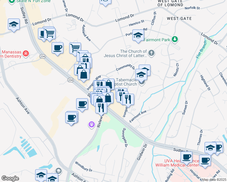 map of restaurants, bars, coffee shops, grocery stores, and more near 10091 Irongate Way in Manassas