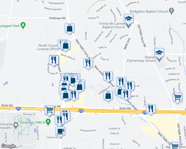 map of restaurants, bars, coffee shops, grocery stores, and more near 11575 New Halls Ferry Road in Florissant