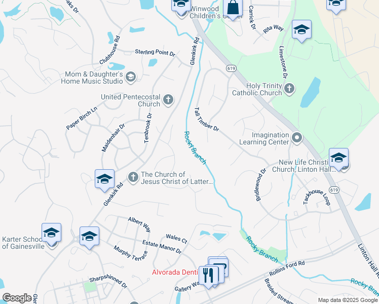map of restaurants, bars, coffee shops, grocery stores, and more near 13970 Dancing Twig Drive in Gainesville