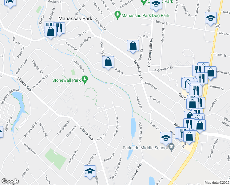 map of restaurants, bars, coffee shops, grocery stores, and more near 314 Kirby Street in Manassas Park