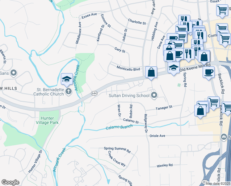 map of restaurants, bars, coffee shops, grocery stores, and more near 6495 Milva Lane in Springfield