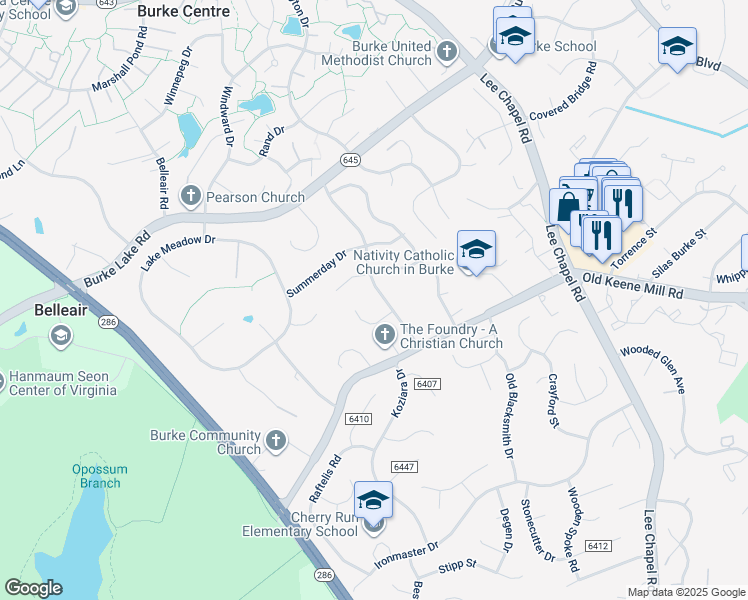 map of restaurants, bars, coffee shops, grocery stores, and more near 6410 Spring Lake Drive in Burke