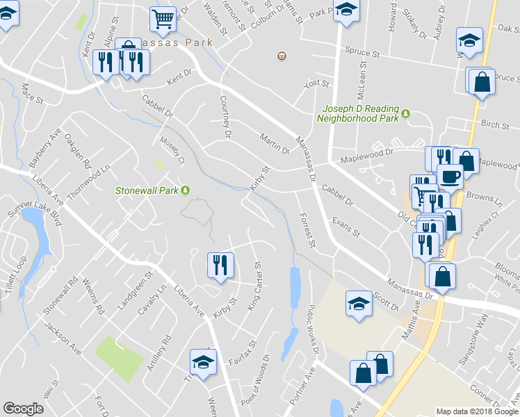 map of restaurants, bars, coffee shops, grocery stores, and more near 339 Kirby Street in Manassas