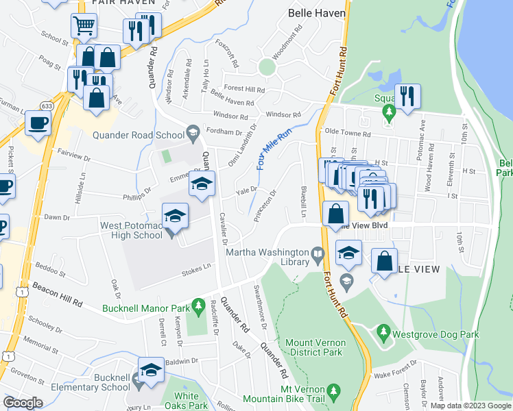 map of restaurants, bars, coffee shops, grocery stores, and more near 6508 Princeton Drive in Alexandria