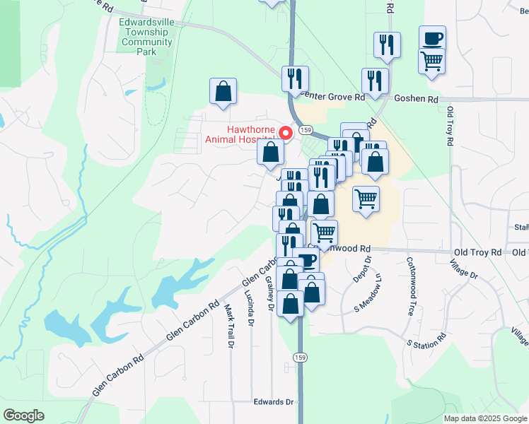 map of restaurants, bars, coffee shops, grocery stores, and more near 30 Cougar Drive in Glen Carbon