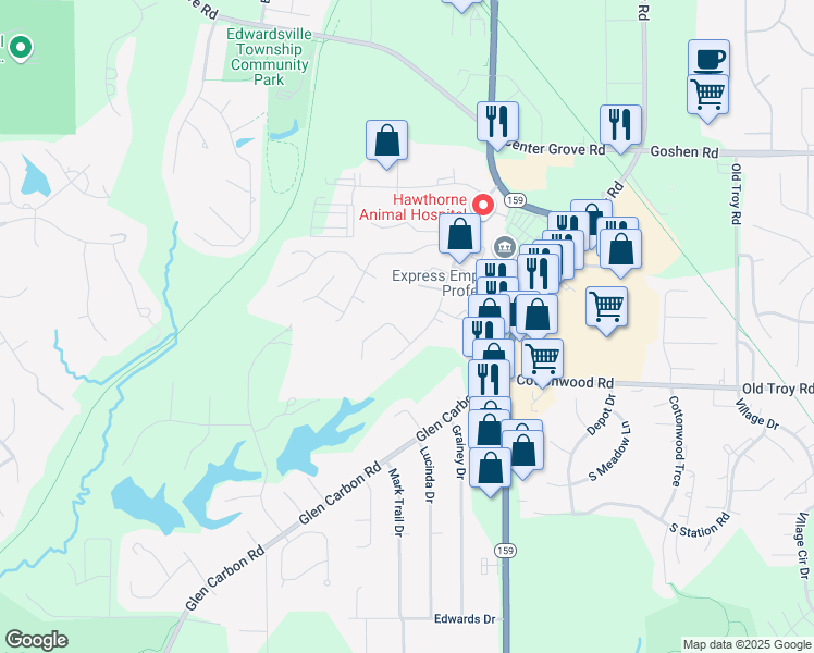 map of restaurants, bars, coffee shops, grocery stores, and more near 33 Fox Meadow Lane in Glen Carbon