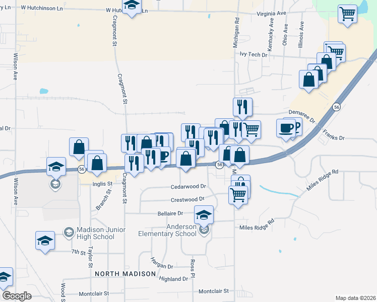 map of restaurants, bars, coffee shops, grocery stores, and more near 220 Clifty Drive in Madison
