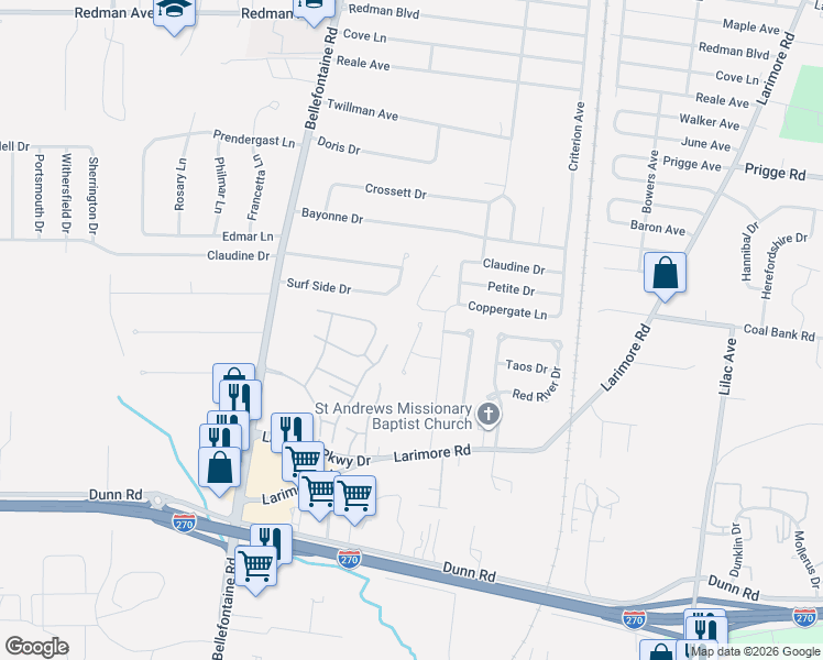map of restaurants, bars, coffee shops, grocery stores, and more near 11369 Birmingham Court in St. Louis