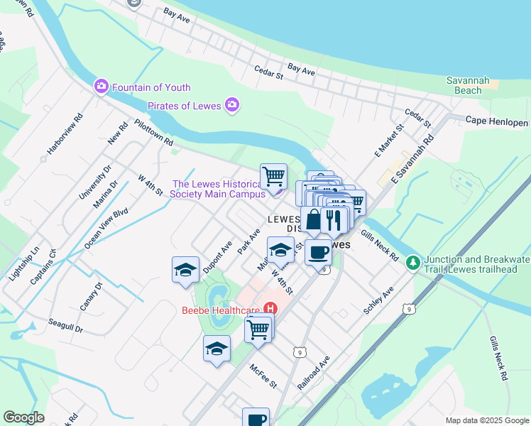 map of restaurants, bars, coffee shops, grocery stores, and more near 2 Ship Carpenter Square in Lewes