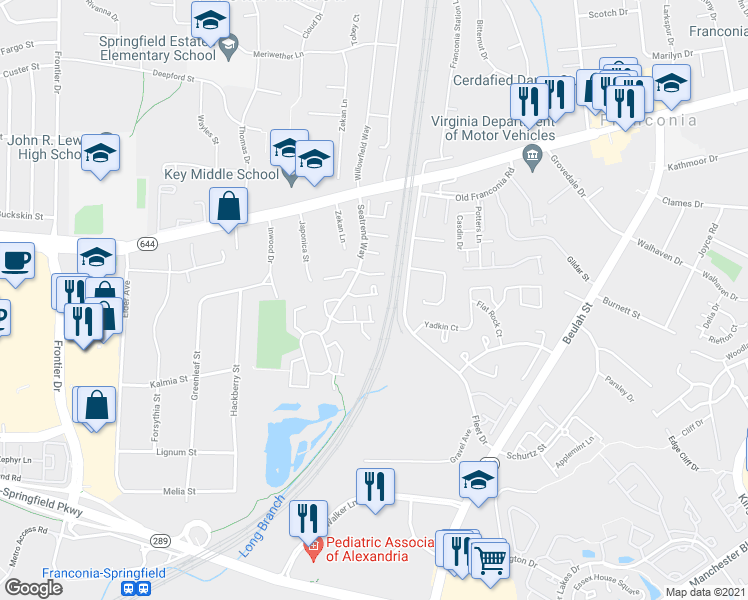 map of restaurants, bars, coffee shops, grocery stores, and more near 6327 Dunn Court in Springfield