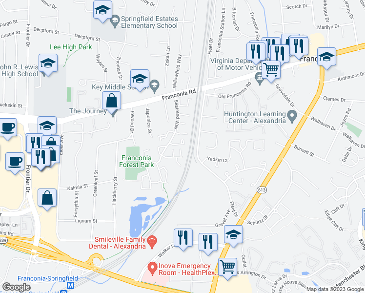 map of restaurants, bars, coffee shops, grocery stores, and more near 6327 Dunn Court in Springfield