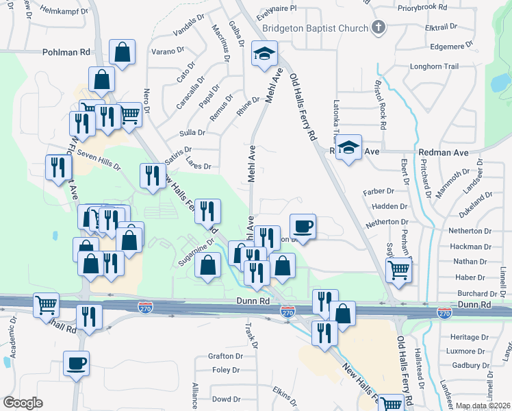 map of restaurants, bars, coffee shops, grocery stores, and more near 11213 Liberty Landing Drive in Florissant