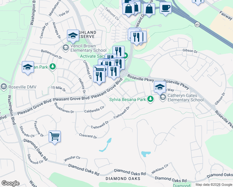 map of restaurants, bars, coffee shops, grocery stores, and more near 568 Sutherland Ranch Lane in Roseville