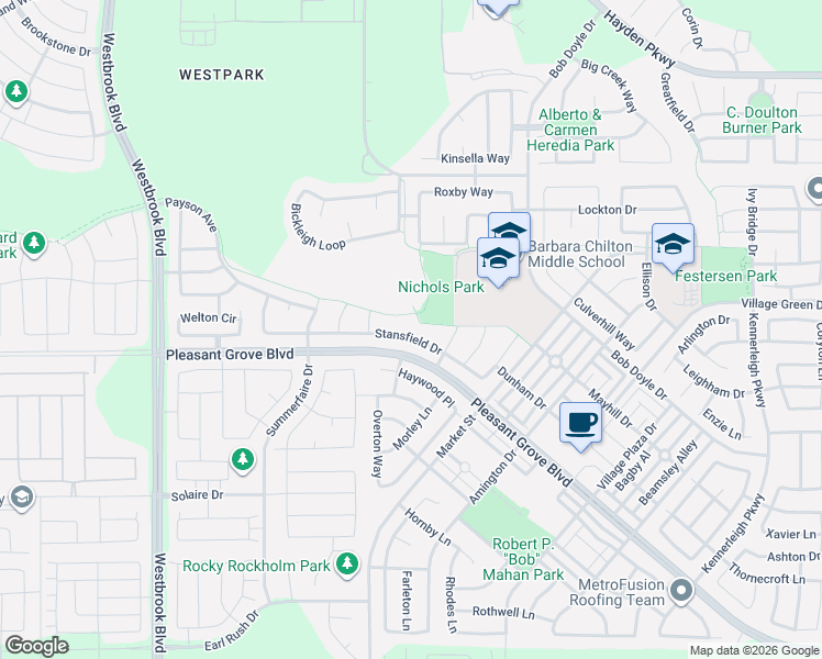 map of restaurants, bars, coffee shops, grocery stores, and more near 2144 Stansfield Drive in Roseville