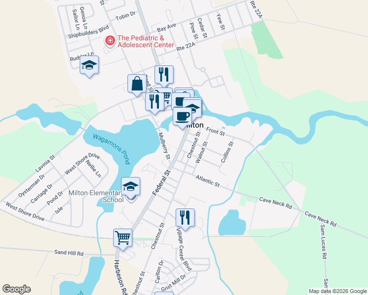 map of restaurants, bars, coffee shops, grocery stores, and more near 112 Federal Street in Milton