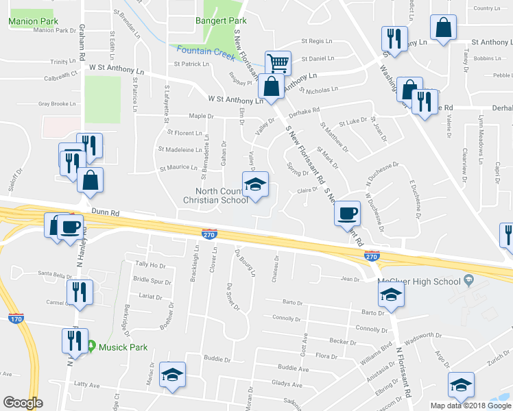 map of restaurants, bars, coffee shops, grocery stores, and more near 845 Dunn Rd in Florissant
