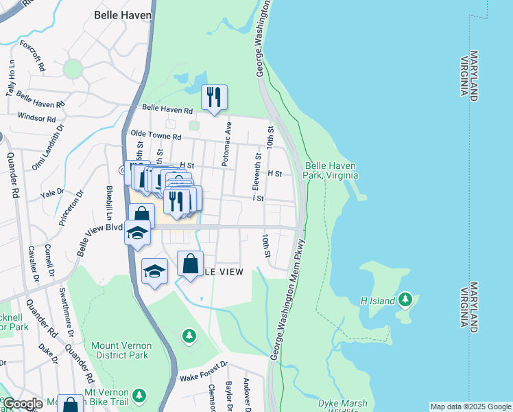 map of restaurants, bars, coffee shops, grocery stores, and more near 6502 10th Street in Alexandria