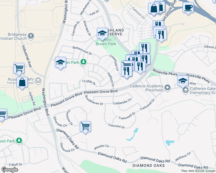 map of restaurants, bars, coffee shops, grocery stores, and more near 15 Genoa Court in Roseville