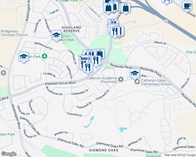 map of restaurants, bars, coffee shops, grocery stores, and more near 544 Sutherland Ranch Lane in Roseville