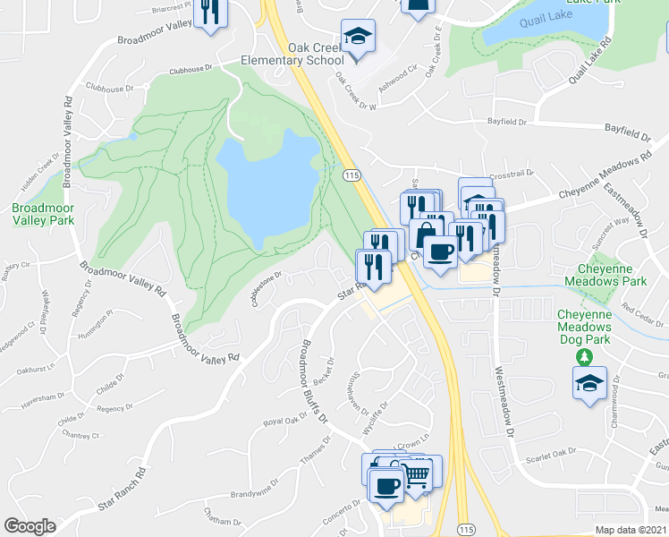 map of restaurants, bars, coffee shops, grocery stores, and more near 378 Cobblestone Drive in Colorado Springs