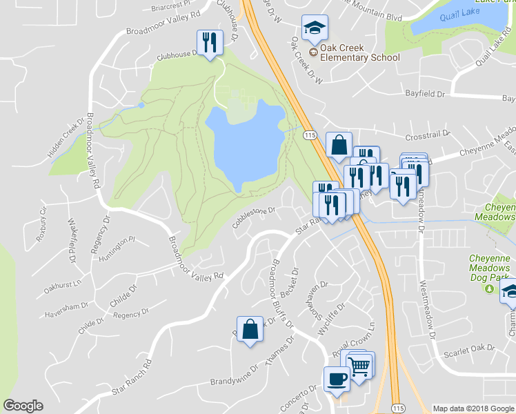 map of restaurants, bars, coffee shops, grocery stores, and more near 230 Cobblestone Drive in Colorado Springs