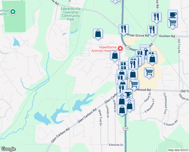 map of restaurants, bars, coffee shops, grocery stores, and more near 210 Bayhill Boulevard in Glen Carbon