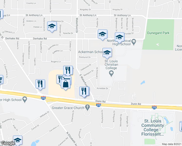 map of restaurants, bars, coffee shops, grocery stores, and more near 1140 Ramport Drive in Florissant