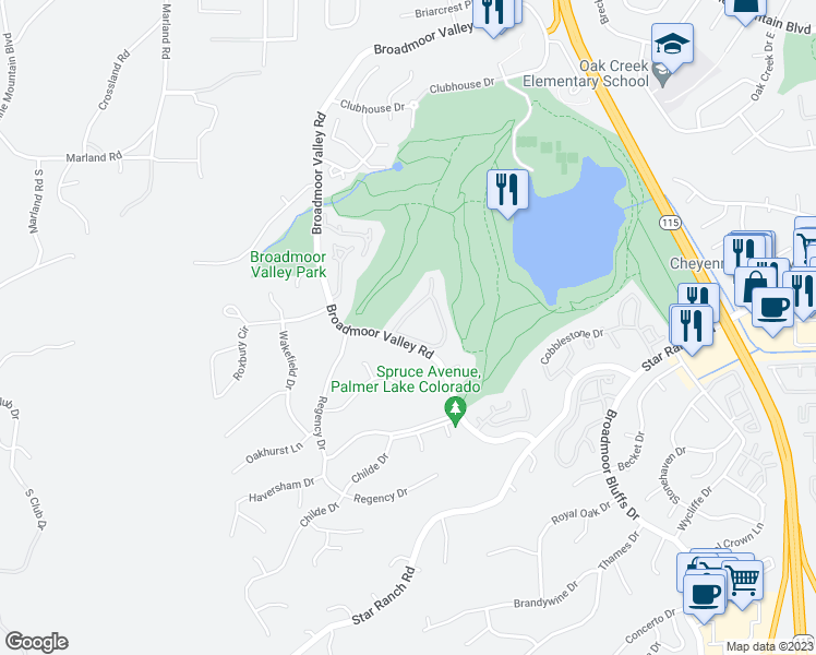 map of restaurants, bars, coffee shops, grocery stores, and more near 19 Woodbridge Drive in Colorado Springs