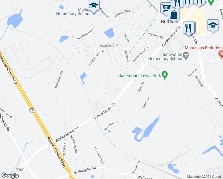 map of restaurants, bars, coffee shops, grocery stores, and more near 11107 Wortham Crest Circle in Manassas
