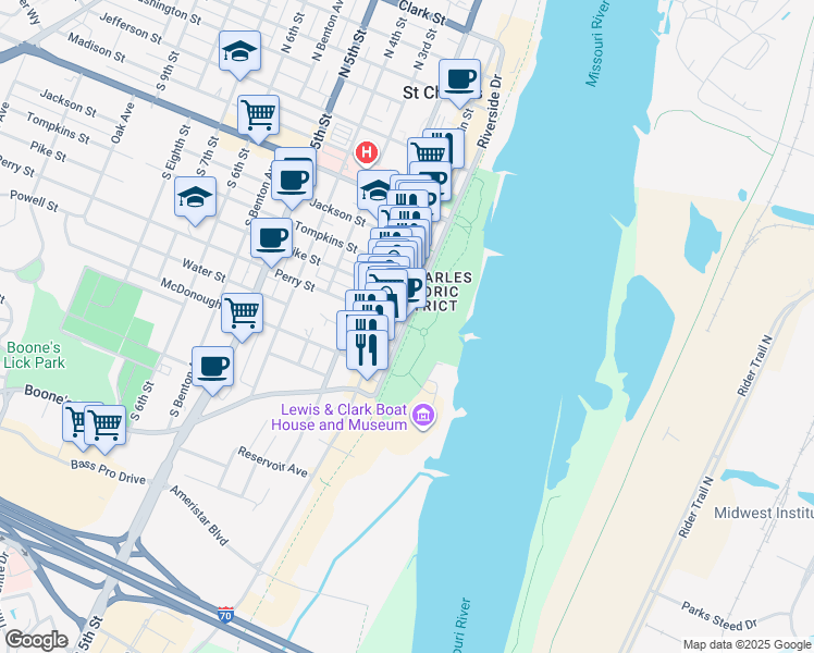 map of restaurants, bars, coffee shops, grocery stores, and more near 700 South Riverside Drive in Saint Charles