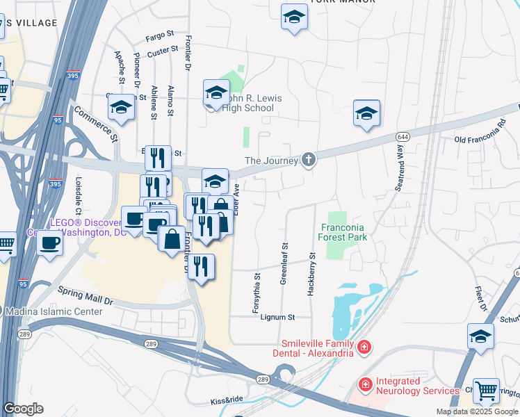 map of restaurants, bars, coffee shops, grocery stores, and more near 6586 Forsythia Street in Springfield