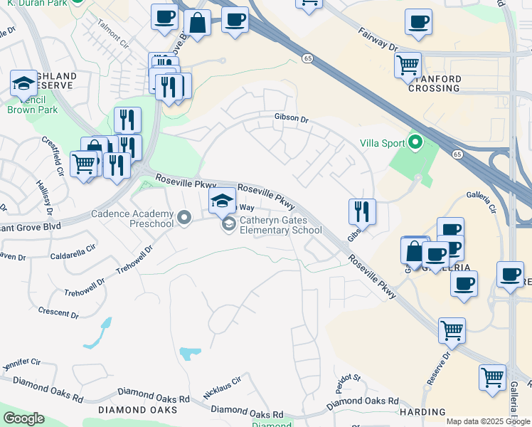 map of restaurants, bars, coffee shops, grocery stores, and more near 12 Springwood Court in Roseville