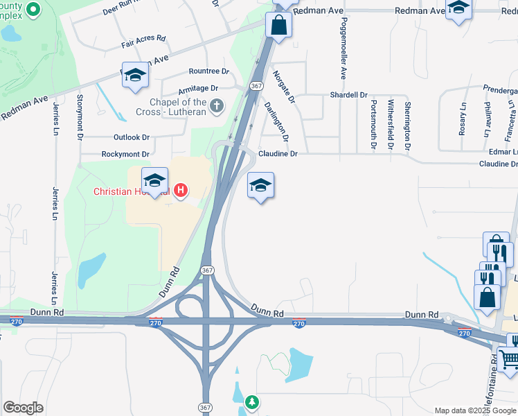 map of restaurants, bars, coffee shops, grocery stores, and more near 11300 Dunn Road in St. Louis