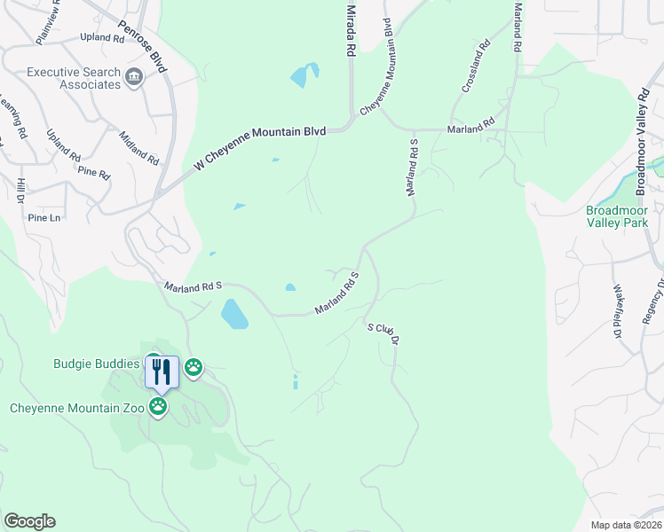 map of restaurants, bars, coffee shops, grocery stores, and more near 104 Marland Road South in Colorado Springs