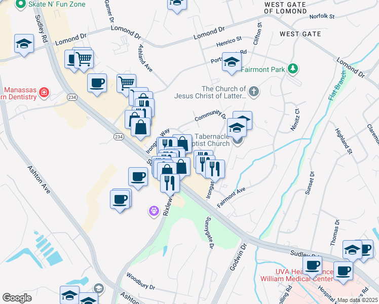 map of restaurants, bars, coffee shops, grocery stores, and more near 10101 Irongate Way in Manassas