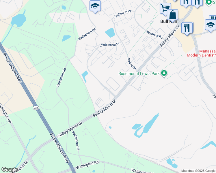 map of restaurants, bars, coffee shops, grocery stores, and more near 11268 Wortham Crest Circle in Manassas