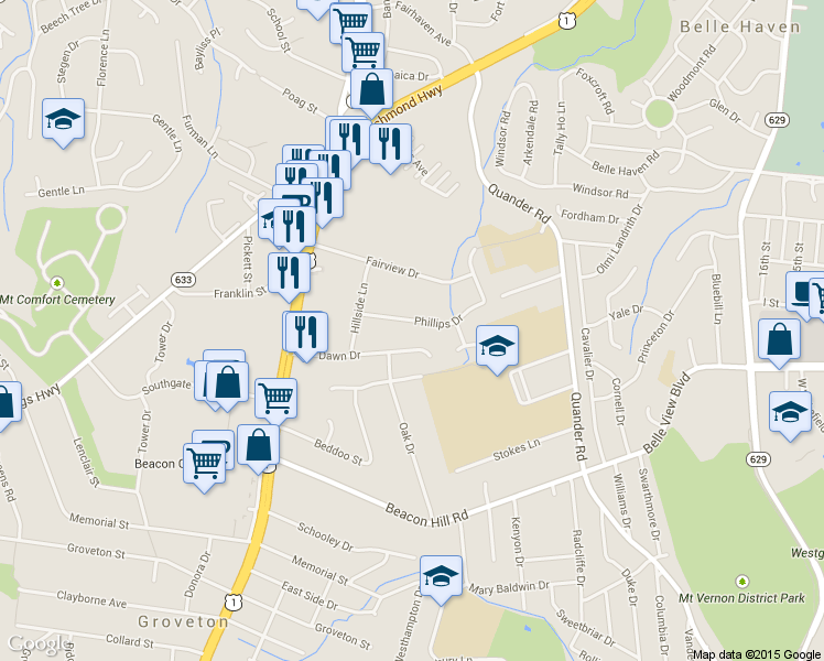 map of restaurants, bars, coffee shops, grocery stores, and more near 2507 Phillips Drive in Alexandria