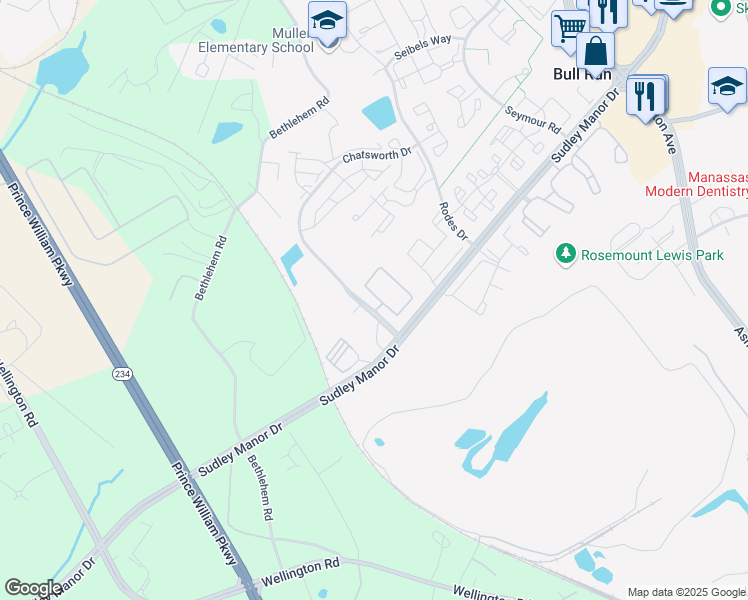 map of restaurants, bars, coffee shops, grocery stores, and more near 11268 Wortham Crest Circle in Manassas