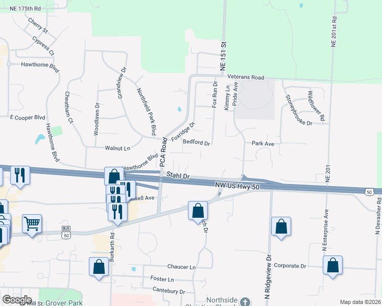 map of restaurants, bars, coffee shops, grocery stores, and more near 1005 Coventry Court in Warrensburg