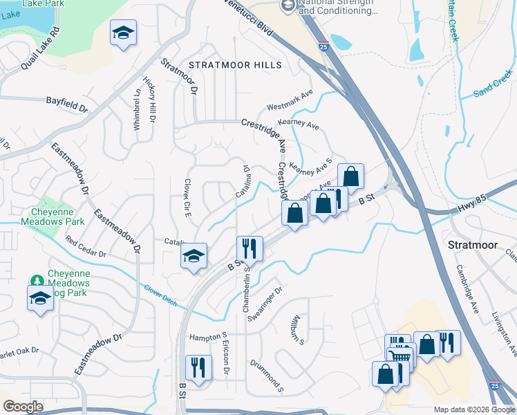 map of restaurants, bars, coffee shops, grocery stores, and more near 632 Valjean Place in Colorado Springs