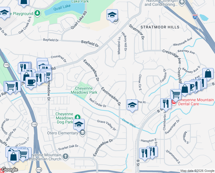 map of restaurants, bars, coffee shops, grocery stores, and more near 1510 Leewood Court in Colorado Springs