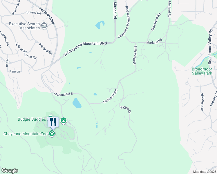map of restaurants, bars, coffee shops, grocery stores, and more near 104 Marland Road South in Colorado Springs
