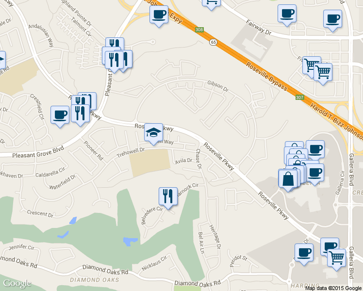 map of restaurants, bars, coffee shops, grocery stores, and more near 12 Springwood Court in Roseville