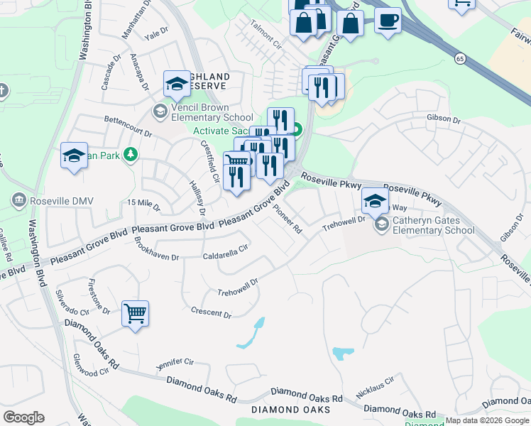 map of restaurants, bars, coffee shops, grocery stores, and more near 568 Sutherland Ranch Lane in Roseville