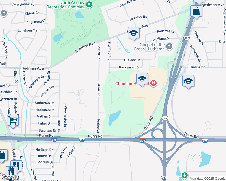 map of restaurants, bars, coffee shops, grocery stores, and more near 11160 Village North Drive in St. Louis